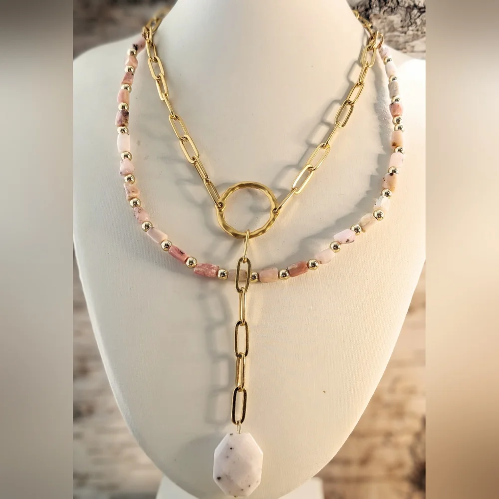 Natural Peruvian Pink Opal Beads & Pendant In Two Strand Paperclip Necklace